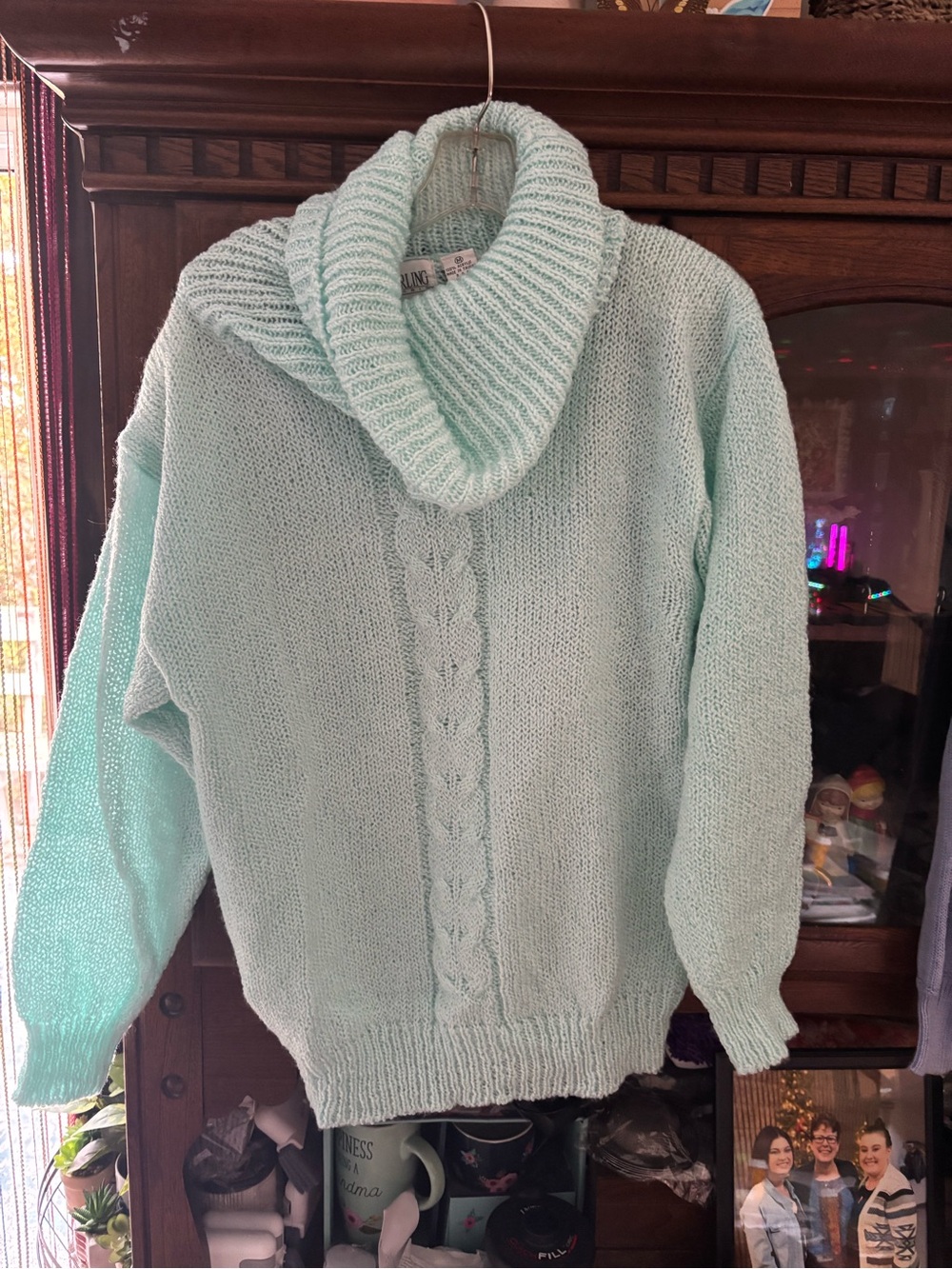 Light Mint Cable Cowl Neck Sweater - Women